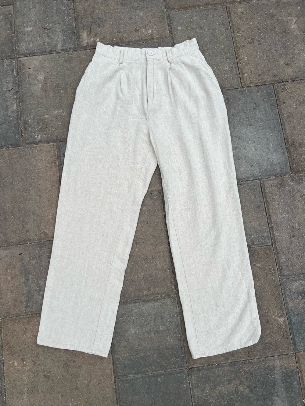 Princess Polly High-Waisted Pleated Wide-Leg Linen Pants Oatmeal size 6